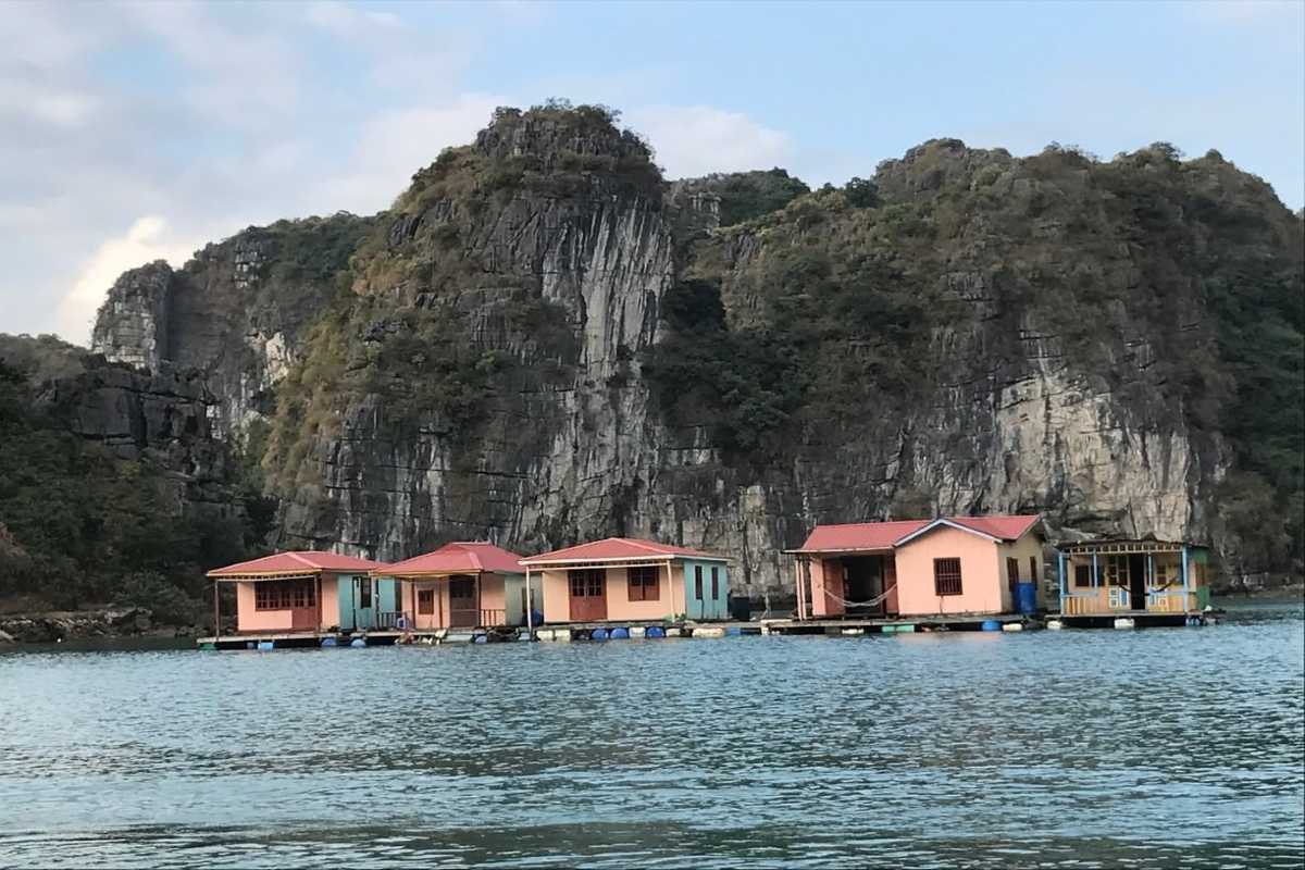 Colorful floating homes with limestone cliffs in the background at Vung Vieng Fishing Village
