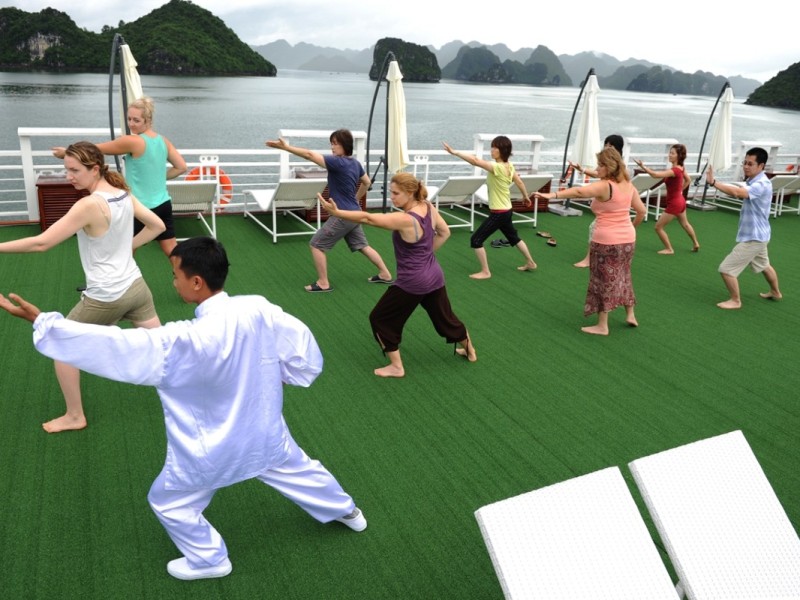 Wellness Tai Chi Class with Scenic Bay Views Wellness Tai Chi class on a Halong Bay cruise deck with lush greenery and tranquil waters.