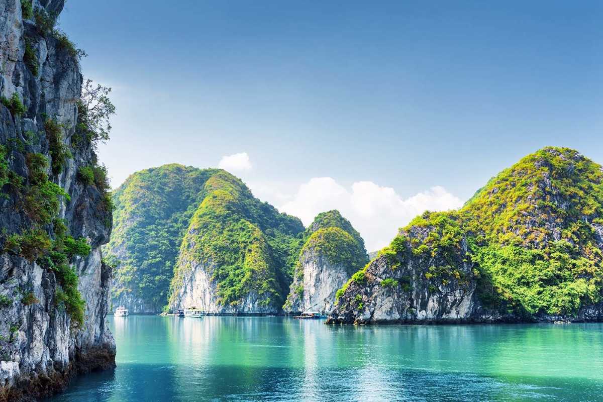 Scenic view of lush greenery and towering cliffs at Xep Islet Halong Bay, showcasing its natural beauty and tranquility.