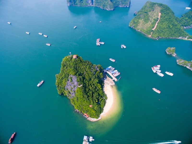 Aerial view of Titov Island and its beach