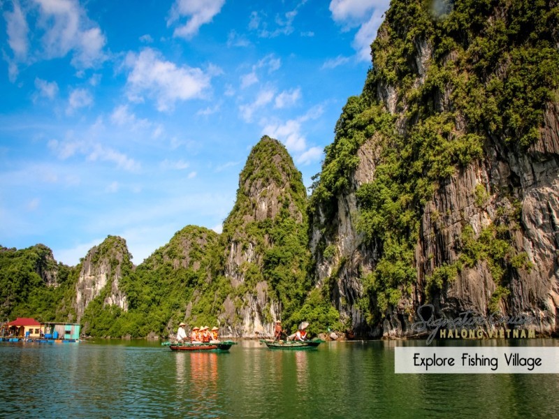 Bamboo boats carrying tourists in Halong Bay