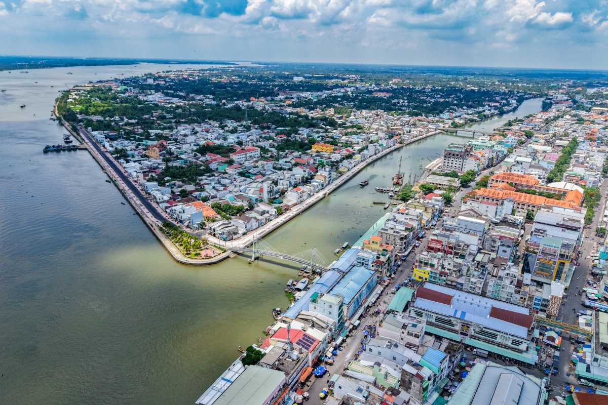 Aerial view of Vinh Long old town with canals Aerial image showing Vinh Long old town layout bordered by canals and dense urban housing