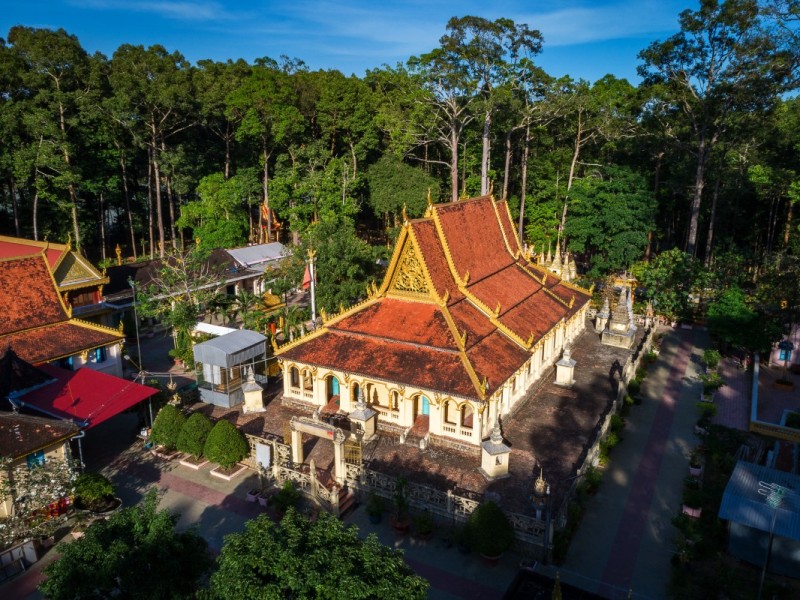 Ang Pagoda Arial View Surrounded by Trees in Tra Vinh Aerial view of Ang Pagoda surrounded by trees in Tra Vinh.