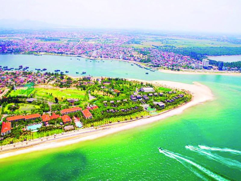 Beautiful Quang Binh Coastal View Aerial view of Quang Binh's stunning coastal line and resort areas
