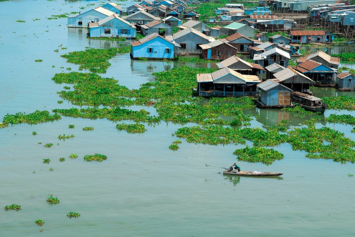 Bung Binh Thien Floating Village surrounded by water hyacinths in An Giang
