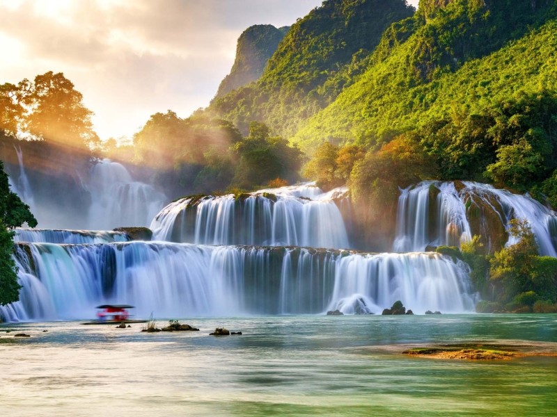 Cao Bang Ban Gioc Waterfall Aerial Aerial view of Ban Gioc Waterfall in Cao Bang, showcasing its vast scale and beauty from above.