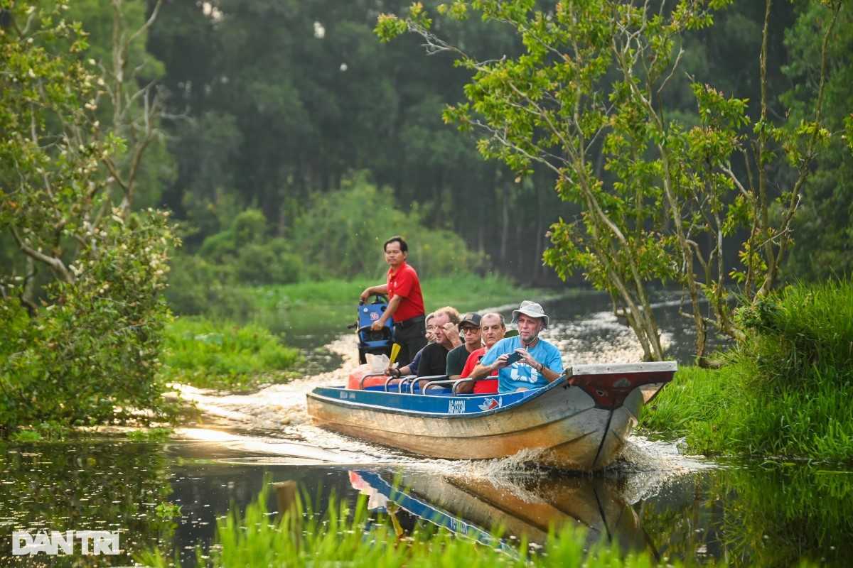 Chi Lang Nam Stork Island in Hai Duong Tourists enjoying a boat ride through the serene landscape of Chi Lang Nam Stork Island in Hai Duong, surrounded by lush greenery.