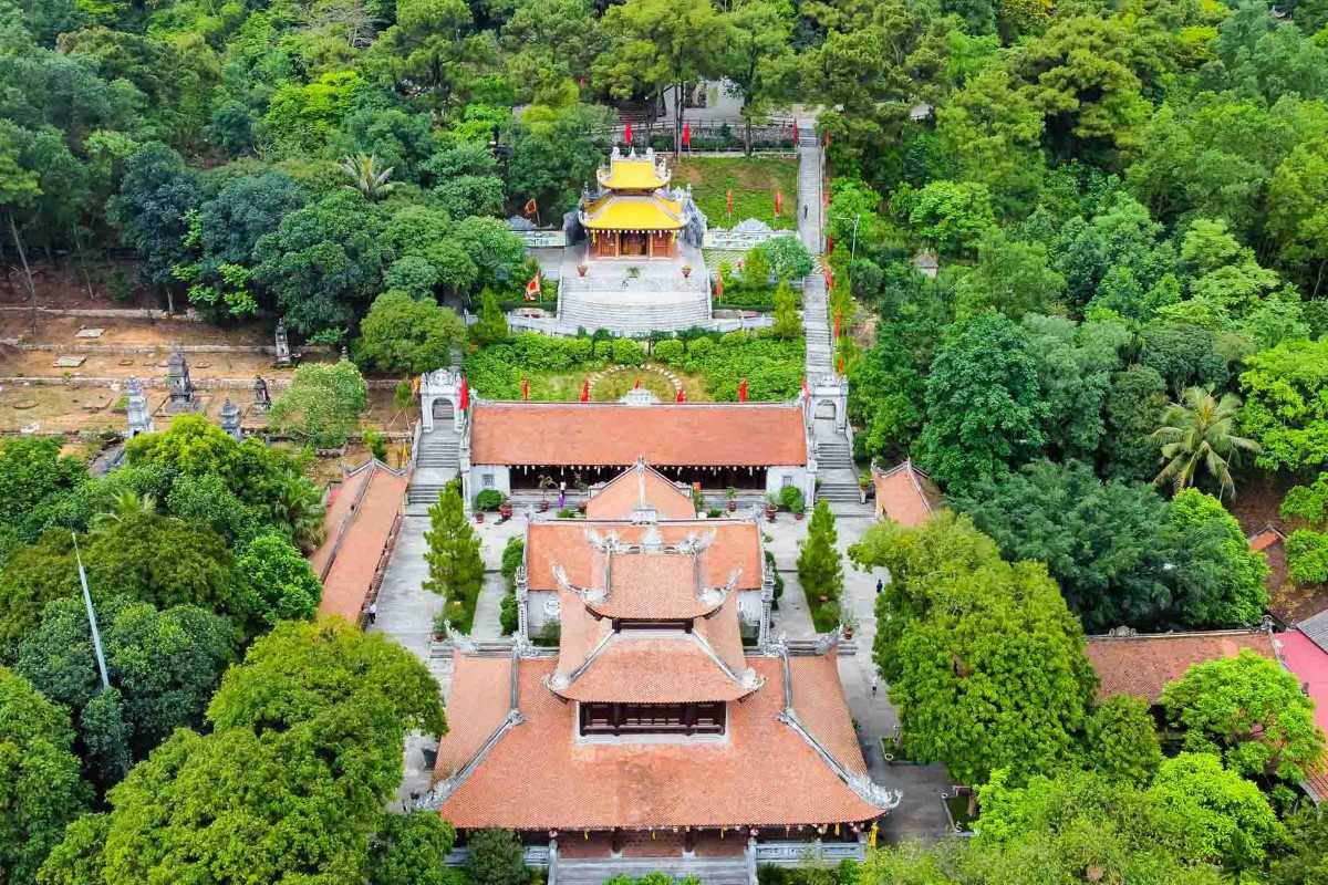 Con Son Pagoda in Hai Duong Aerial view of Con Son Pagoda in Hai Duong, showcasing traditional Vietnamese architecture surrounded by lush greenery and serene landscapes.
