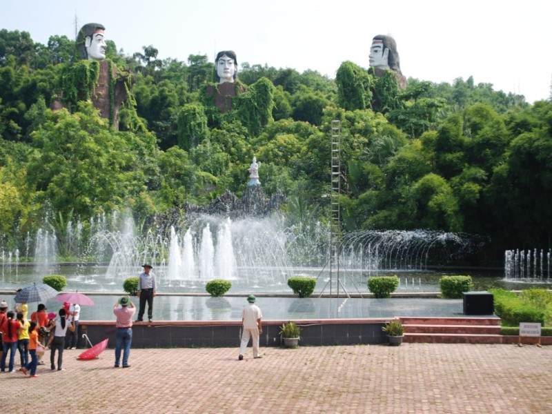 Fountain Show at Nui Coc Lake with Sculptures Fountain show at Nui Coc Lake with large mountain sculptures in Thai Nguyen