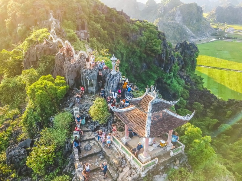 Hang Mua Peak - Panoramic Views from Ninh Binh Tourists enjoying the view from Hang Mua peak in Ninh Binh, overlooking lush rice fields and limestone formations.