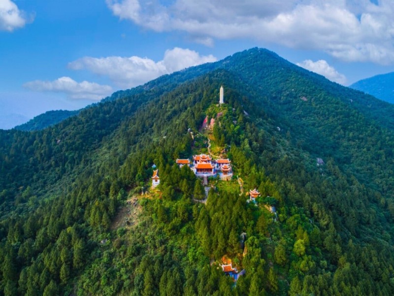 Huong Tich Pagoda from Above Aerial view of Huong Tich Pagoda in Ha Tinh nestled among mountains