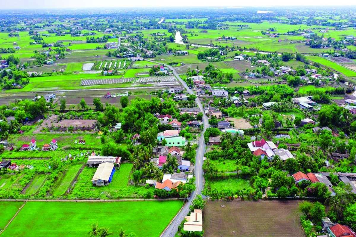 Long An Travel Guide village and rice fields landscape Village houses surrounded by vibrant green rice fields and winding roads in the Long An Travel Guide area