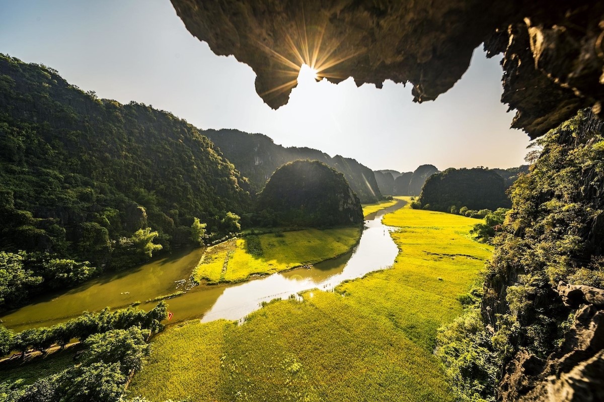 A peaceful view of Tam Coc river in Ninh Binh, surrounded by rice paddies and limestone cliffs.