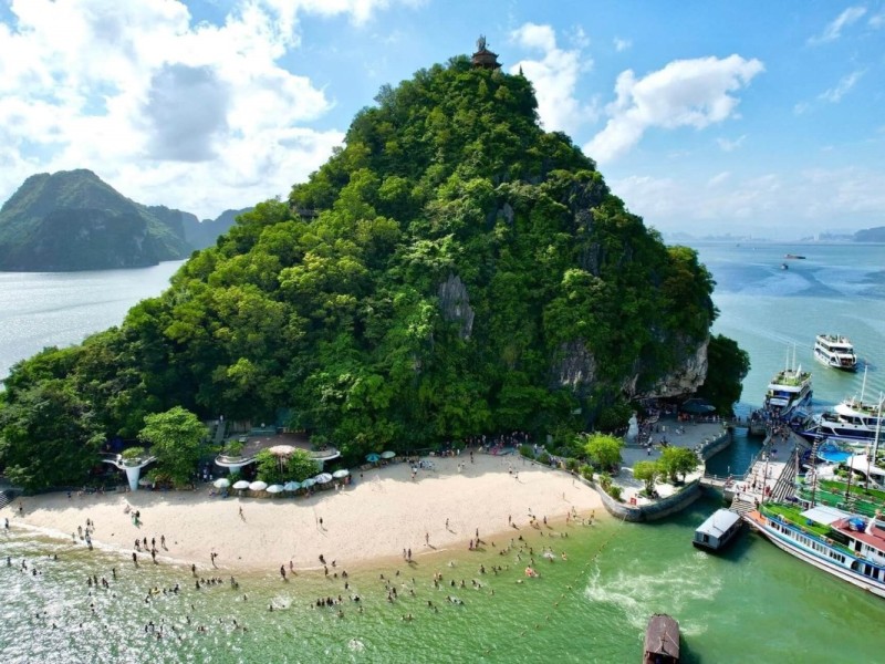 Titop Island – Adventure Awaits in Halong Bay Aerial view of Titop Island in Halong Bay with beachgoers and surrounding waters